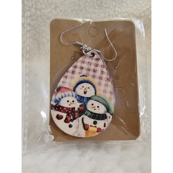 Wood Print Merry Christmas Trees Leopard Snowman Santa Claus Earrings 9 Pair - Picture 2 of 9
